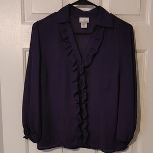 Jaclyn Smith Sheer V-Neck Button Down Blouse Size Sm Dark Purple Ruffle Rosette